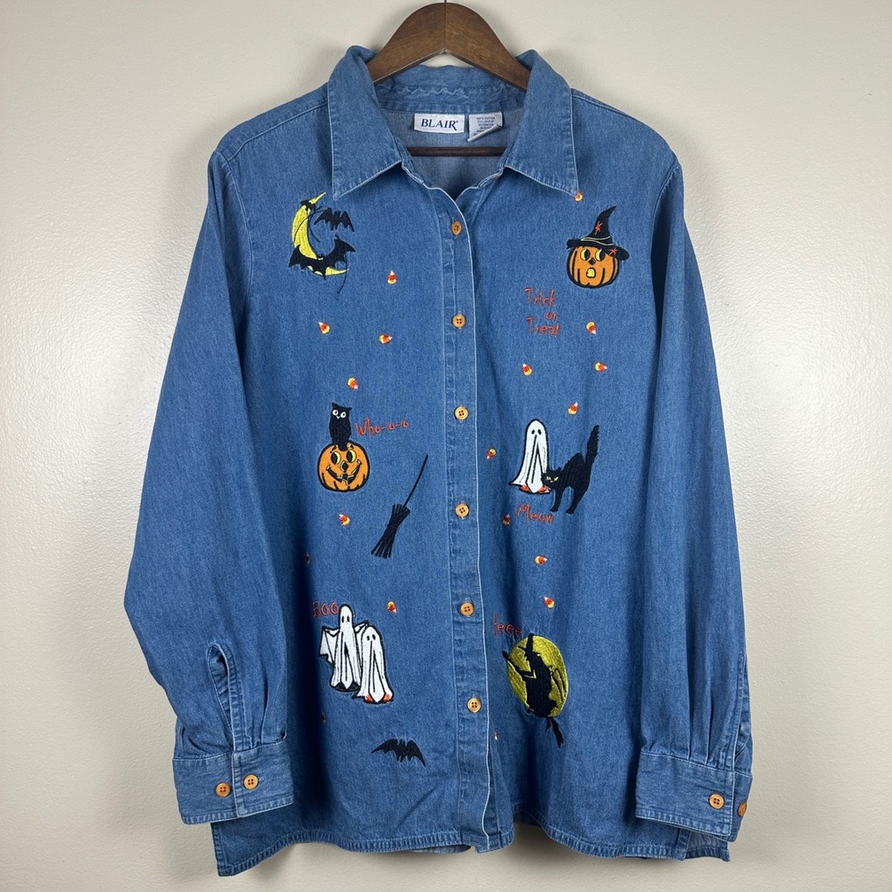 Blair Women's XL Denim Shirt Blue Embroidered Halloween Ghost Pumpkin Cat